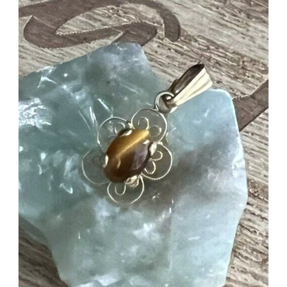 Vintage Oval Cabochon Tiger Eye Pendant Gold Tone Scroll Design